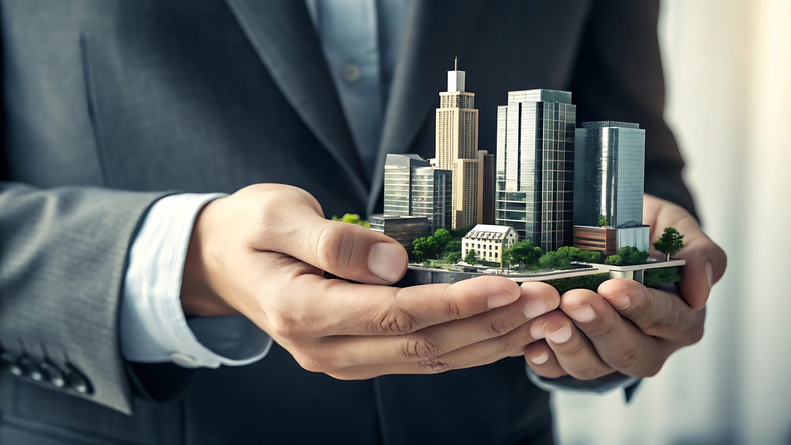 man holds model city his hands scaled